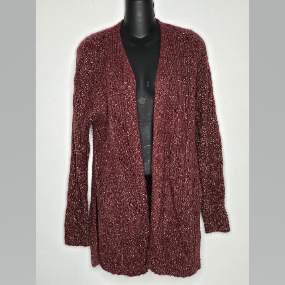 Open Cardigan Womens Medium Red Cable Knit Metallic Gold Long Sleeve Sweater